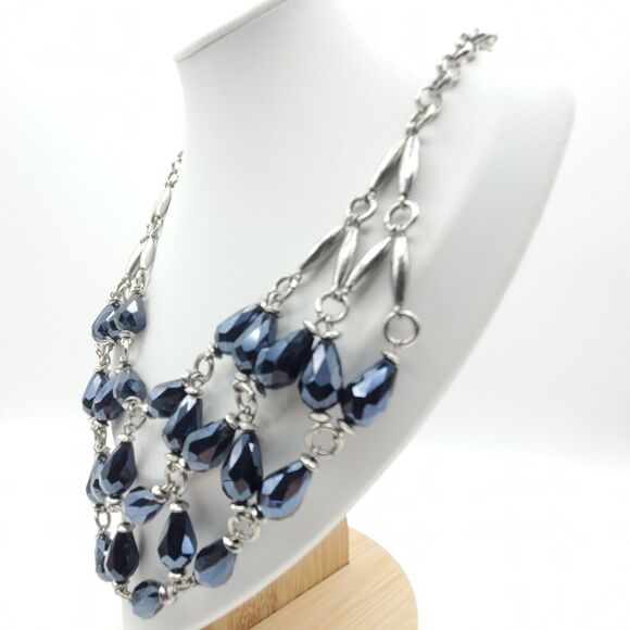 Charming Charlie Bib Necklace Silver Tone Midnight Blue Beaded Collar Statement - Picture 2 of 5